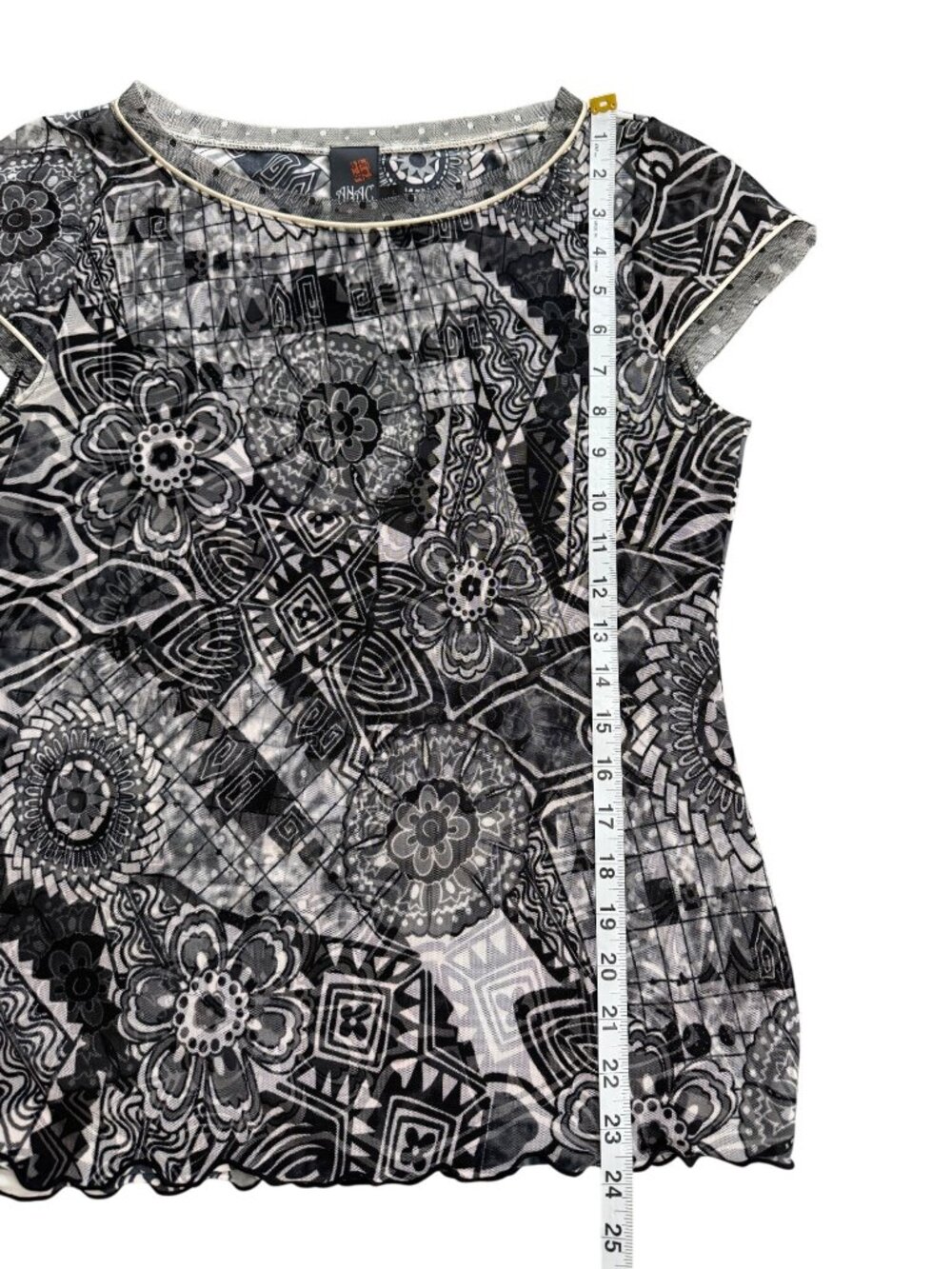 Anac by Kimi Womens Size L Top Mesh Y2K Black Gray Abstract Cap Sleeve Artsy - Picture 6 of 7